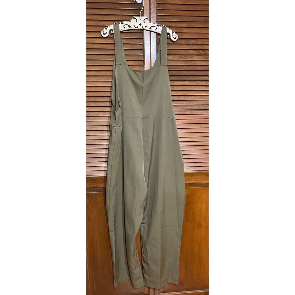 Womens Olive Green Wide Leg Overalls Jumpsuit 2X Cotton Blend Square Neck Pocket - Picture 2 of 8
